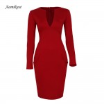 Women Dresses Autumn Winter Hot Sale 2017 V-neck Knee-length Full Sleeve Bodycon Pencil Party Cocktail Office Dress Size  XL XXL