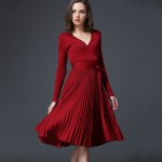 Women Elegant Autumn Dress 2016 Women's Casual V-Neck Knitted Dress Knee Length Ladies Pleated Knit Dress Wine Red SL1075