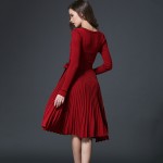 Women Elegant Autumn Dress 2016 Women's Casual V-Neck Knitted Dress Knee Length Ladies Pleated Knit Dress Wine Red SL1075