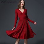 Women Elegant Autumn Dress 2016 Women's Casual V-Neck Knitted Dress Knee Length Ladies Pleated Knit Dress Wine Red SL1075