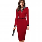 Women Elegant Vintage Autumn Polka Dot Turn Down Collar  Belted Wear To Work Office Casual Long Sleeve Sheath Pencil Dress EB334