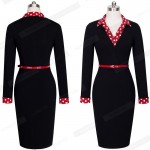 Women Elegant Vintage Autumn Polka Dot Turn Down Collar  Belted Wear To Work Office Casual Long Sleeve Sheath Pencil Dress EB334