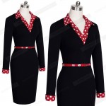 Women Elegant Vintage Autumn Polka Dot Turn Down Collar  Belted Wear To Work Office Casual Long Sleeve Sheath Pencil Dress EB334