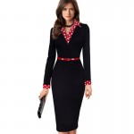 Women Elegant Vintage Autumn Polka Dot Turn Down Collar  Belted Wear To Work Office Casual Long Sleeve Sheath Pencil Dress EB334