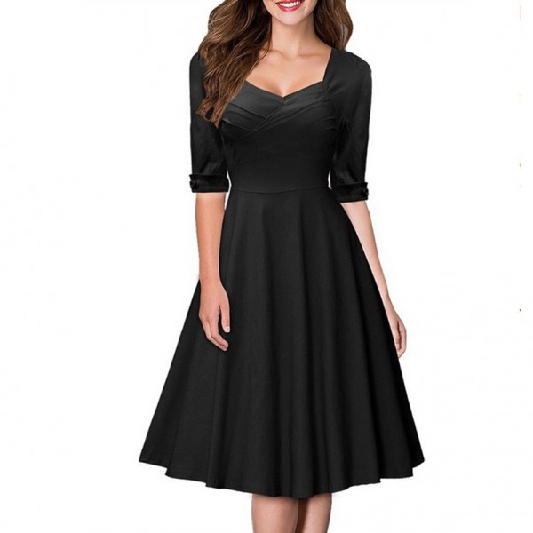 Women Elegant Vintage Pin Up Bow Ruched Tunic Business Half Sleeve Casual Wear To Work Party Stretch Bodycon A Line Skater Dress