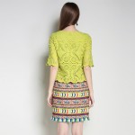 Women Ethical Green Lace Dress Pieced Tribe Pattern Printed Fringe Trim 1/2 Sleeve Shift Dresses Plus Size L TO 5XL