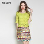 Women Ethical Green Lace Dress Pieced Tribe Pattern Printed Fringe Trim 1/2 Sleeve Shift Dresses Plus Size L TO 5XL