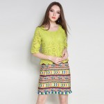 Women Ethical Green Lace Dress Pieced Tribe Pattern Printed Fringe Trim 1/2 Sleeve Shift Dresses Plus Size L TO 5XL