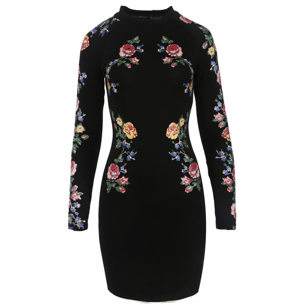 Women Fall Winter Long Sleeve Stretchy Vintage Floral Print Tunic Slim Casual Office Party Sheath Bodycon Pencil Dress Vestidos