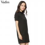 Women Faux PU leather collar black dress short sleeve summer turn-down collar A-line mini dress Vestidos casual dress QZ2292