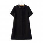 Women Faux PU leather collar black dress short sleeve summer turn-down collar A-line mini dress Vestidos casual dress QZ2292