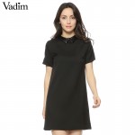 Women Faux PU leather collar black dress short sleeve summer turn-down collar A-line mini dress Vestidos casual dress QZ2292