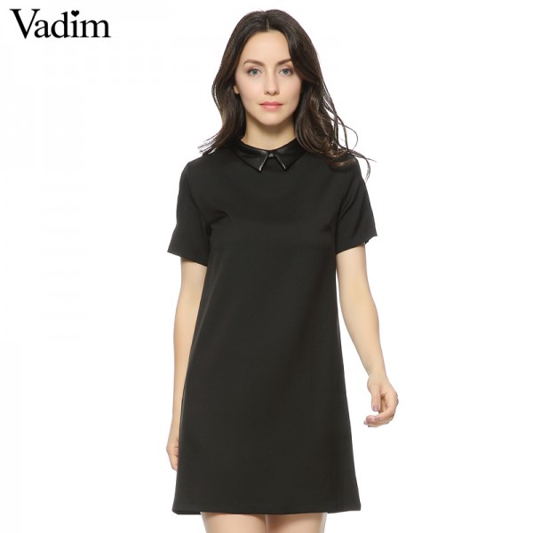 Women Faux PU leather collar black dress short sleeve summer turn-down collar A-line mini dress Vestidos casual dress QZ2292