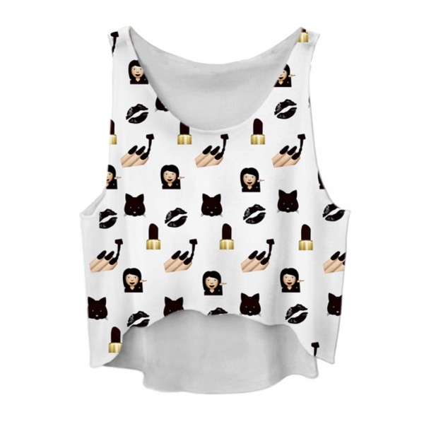 Women Fitness Sexy Emoji Printed Tank Tops Knitted Crop Top Work Out Sleeveless T-shirt Tops