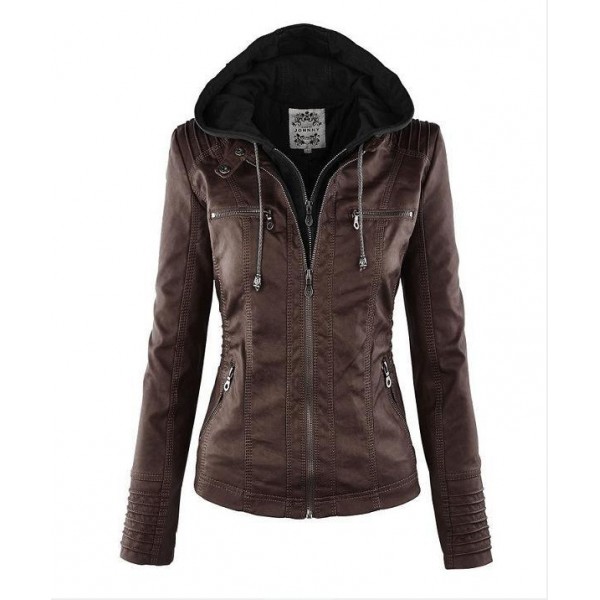 Women Jackets Female Hat Removable Women Basic Coats Waterproof Windproof  2016 Women's Faux Leather Jacket Long Sleeve