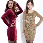 Women Lady Sexy Sequins BlingBling O Neck Bodycon Knitted Knitwear Sweater Dress Mini Dress