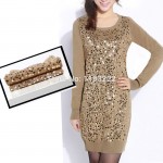 Women Lady Sexy Sequins BlingBling O Neck Bodycon Knitted Knitwear Sweater Dress Mini Dress