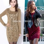 Women Lady Sexy Sequins BlingBling O Neck Bodycon Knitted Knitwear Sweater Dress Mini Dress