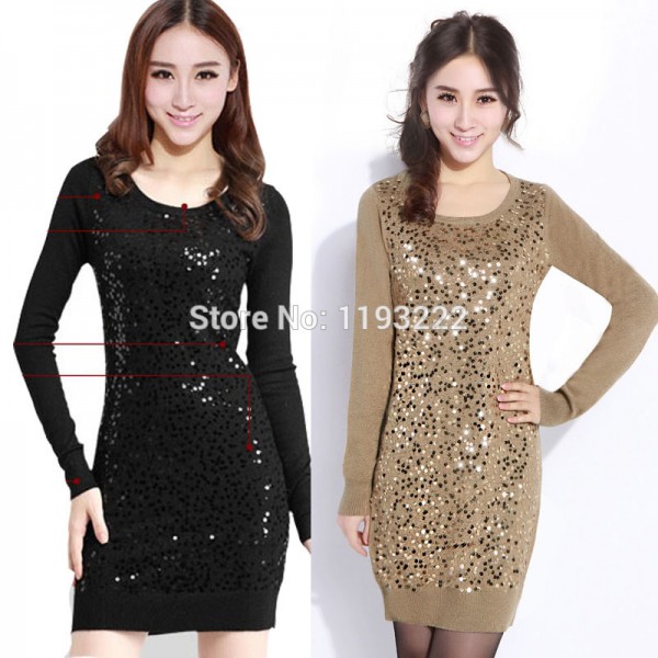 Women Lady Sexy Sequins BlingBling O Neck Bodycon Knitted Knitwear Sweater Dress Mini Dress