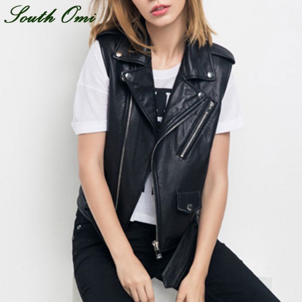 Women Leather Vest PU Soft Vest Ladies tatical Leather Motorcycle Vest Pocket vest waistcoat Rivet colete female WaistCoat Biker