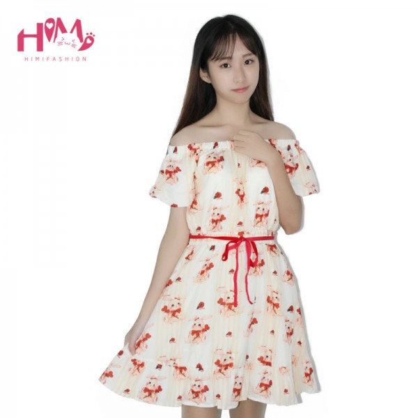 Women Loose Summer Cotton Bunny Dress Lace Up Kawaii Casual Cute Cartoon Print Short Sleeve Princess Party Dresses Plus Size One