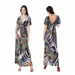 Women Plus Size Dress Summer Fashion Bohemian Beach Print Contrast Color Dress Sexy Deep V Neck Backless New Maxi Dresses 6XL