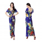 Women Plus Size Dress Summer Fashion Bohemian Beach Print Contrast Color Dress Sexy Deep V Neck Backless New Maxi Dresses 6XL