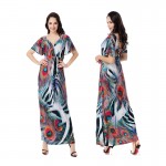 Women Plus Size Dress Summer Fashion Bohemian Beach Print Contrast Color Dress Sexy Deep V Neck Backless New Maxi Dresses 6XL