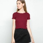 Women Ruffled Trimmings Ribbed Crop Tops Soft and Stretchy Short Sleeve T-shirts Basic Cropped Top