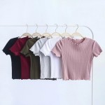 Women Ruffled Trimmings Ribbed Crop Tops Soft and Stretchy Short Sleeve T-shirts Basic Cropped Top