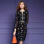 Women Runway Dress 2017 Spring Fashion Long Sleeve Vintage Embroidery Lace Partchwork Slim Tunic Bodycon Party Dresses Vestidos