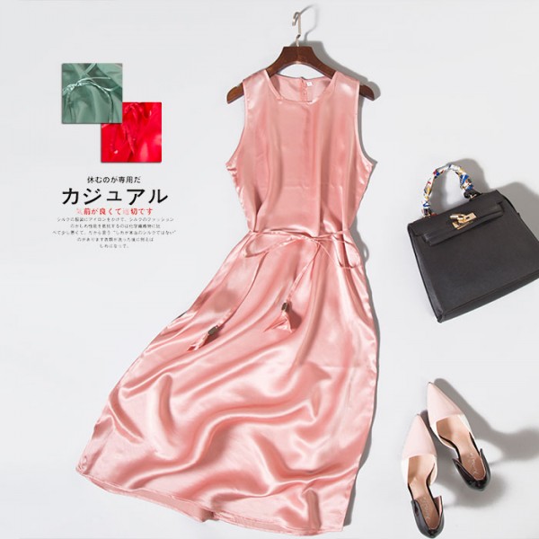 Women Satin dress 100%Natural silk long dress solid mulberry silk classic dress NEW Pink Green Red