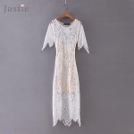 Women Sexy Hollow Back Floral Lace Dress Round Neck Short-Sleeve Slim Dresses Asymmetrical Hem Summer Vestidos