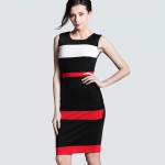 Women Sheath Patchwork Striped Elegant O-Neck Dark Blue Summer Dress Sleeveless Formal Bodycon Knee-Length Office Dress B275