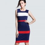 Women Sheath Patchwork Striped Elegant O-Neck Dark Blue Summer Dress Sleeveless Formal Bodycon Knee-Length Office Dress B275