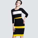 Women Sheath Patchwork Striped Elegant O-Neck Dark Blue Summer Dress Sleeveless Formal Bodycon Knee-Length Office Dress B275