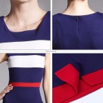 Women Sheath Patchwork Striped Elegant O-Neck Dark Blue Summer Dress Sleeveless Formal Bodycon Knee-Length Office Dress B275