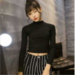 Women Slim Soft Elastic Turtleneck Solid Crop Tops Girl Full Sleeve Short T-Shirts Tees 