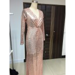 Women Spring Autumn Vestidos Fashion Long Sleeve Deep V-Neck Slit Sequin Elegant Formal Party Evening Nightclub Sexy Long Dress