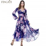 Women Summer Autumn Bohemian Floral Print Blue Chiffon Beach Dress Long Robe Maxi Plus Size Dress longue femme Vestidos