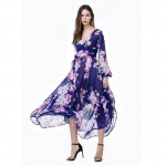 Women Summer Autumn Bohemian Floral Print Blue Chiffon Beach Dress Long Robe Maxi Plus Size Dress longue femme Vestidos