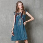 Women Summer Dress 2017 Yuzi.may Boho New Denim Vestidos O-Neck A-line Embroidery Loose High Waist  Thin Sundresses  A8137