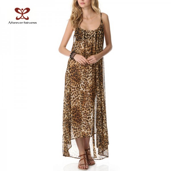 Women Summer Dress Bohemian Style Sexy Dress Strapless Backless Asymmetry Chiffon Leopard Beach Long Dress Casual Dress NC-245