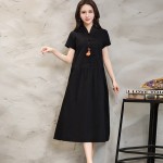 Women Summer Dress Green Yellow Black V Neck Cotton Linen Dress Casual Loose Short Sleeve Dress Size M-2XL