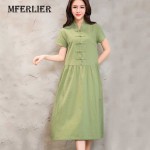 Women Summer Dress Green Yellow Black V Neck Cotton Linen Dress Casual Loose Short Sleeve Dress Size M-2XL