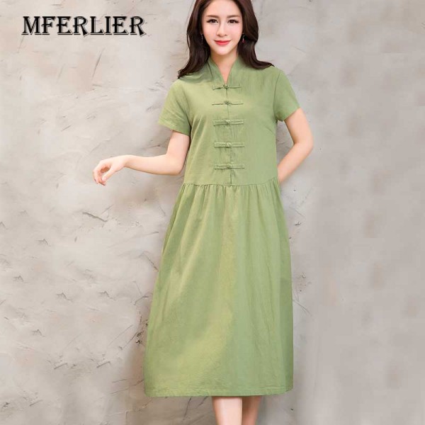 Women Summer Dress Green Yellow Black V Neck Cotton Linen Dress Casual Loose Short Sleeve Dress Size M-2XL