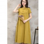 Women Summer Dress Green Yellow Black V Neck Cotton Linen Dress Casual Loose Short Sleeve Dress Size M-2XL