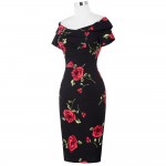 Women Summer Dress Vestidos Sexy Off The Shoulder Rose Print Bodycon Slim Pencil Dress Plus Size Rockabilly 50s Vintage Dresses