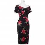 Women Summer Dress Vestidos Sexy Off The Shoulder Rose Print Bodycon Slim Pencil Dress Plus Size Rockabilly 50s Vintage Dresses