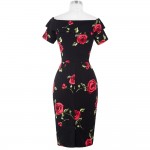 Women Summer Dress Vestidos Sexy Off The Shoulder Rose Print Bodycon Slim Pencil Dress Plus Size Rockabilly 50s Vintage Dresses